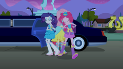 Size: 1366x768 | Tagged: safe, screencap, fluttershy, pinkie pie, rarity, equestria girls, g4, my little pony equestria girls, balloon, boots, bracelet, eyes closed, fall formal outfits, female, fence, hat, high heel boots, horse statue, house, jewelry, limousine, mountain, raised leg, statue, streetlight, top hat, tree