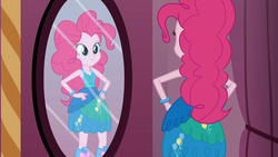 Size: 1366x768 | Tagged: safe, screencap, pinkie pie, equestria girls, g4, my little pony equestria girls, balloon, boots, bracelet, clothes, cutie mark on clothes, dress, fall formal outfits, female, high heel boots, jewelry, mirror, solo, this is our big night