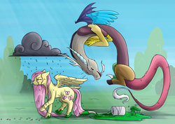 Size: 1600x1135 | Tagged: safe, artist:cold-creature, angel bunny, discord, fluttershy, draconequus, pegasus, pony, g4, angel bunny is not amused, angry, chaos, cloud, crepuscular rays, dirty, eyes closed, female, floating, fluttershy is not amused, frown, laughing, marbles, mare, open mouth, paint, paint in hair, paint on fur, prank, rain, raincloud, raised hoof, raised leg, smiling, unamused, walking
