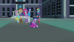 Size: 1366x768 | Tagged: safe, screencap, applejack, fluttershy, pinkie pie, rainbow dash, rarity, spike, twilight sparkle, dog, equestria girls, g4, big crown thingy, boots, bracelet, cowboy boots, cowboy hat, crown, fall formal outfits, hat, high heel boots, jewelry, mane six, regalia, spike the dog