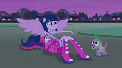 Size: 1366x768 | Tagged: safe, screencap, spike, twilight sparkle, alicorn, dog, equestria girls, g4, my little pony equestria girls, boots, duo, face, fall formal outfits, high heel boots, ponied up, sparkles, spike the dog, twilight ball dress, twilight sparkle (alicorn), wings