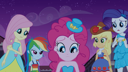 Size: 1366x768 | Tagged: safe, screencap, applejack, fluttershy, pinkie pie, rainbow dash, rarity, equestria girls, g4, bracelet, clothes, dress, fall formal outfits, female, hat, humane five, jewelry, sleeveless, strapless, top hat
