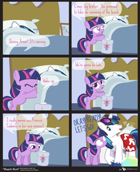 Size: 1060x1300 | Tagged: safe, artist:dm29, shining armor, twilight sparkle, g4, clothes, comic, cute, duo, female, filly, filly twilight sparkle, julian yeo is trying to murder us, ponies in boxers, pushing, sad, saddle bag, sleeping, smiling, surprised, swimsuit, twiabetes, wide eyes, worried, younger