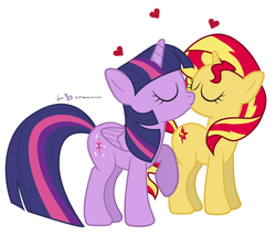 Size: 596x511 | Tagged: safe, artist:dm29, edit, sunset shimmer, twilight sparkle, alicorn, pony, unicorn, g4, female, heart, kissing, lesbian, love, ship:sunsetsparkle, shipping, twilight sparkle (alicorn)