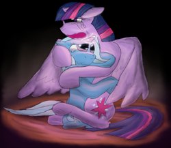 Size: 958x833 | Tagged: safe, artist:firefanatic, trixie, twilight sparkle, alicorn, pony, g4, crying, female, glowing, hug, mare, twilight sparkle (alicorn)