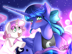 Size: 4000x3011 | Tagged: safe, artist:the0ne-u-lost, princess luna, sweetie belle, g4, alternate hairstyle, blushing, bow