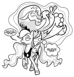 Size: 1242x1280 | Tagged: safe, artist:secoh2000, princess luna, manticore, g4, dialogue, levitation, magic, monochrome, monster, thought bubble, working