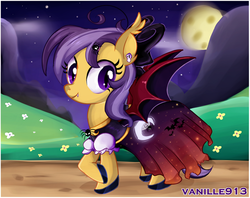 Size: 1280x1013 | Tagged: safe, artist:spookyle, oc, oc only, oc:spookie, bat pony, pony, clothes, dress, gala dress, moon, night, solo