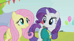 Size: 960x540 | Tagged: safe, screencap, fluttershy, rarity, pegasus, pony, unicorn, filli vanilli, g4, animated, balloon, banner, blinking, clothes, cute, eyes closed, female, looking at each other, mare, no drama, nuzzling, ponytones outfit, raised hoof, raribetes, shyabetes, smiling, sweet