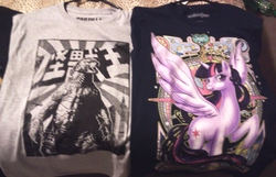 Size: 1280x823 | Tagged: safe, twilight sparkle, alicorn, pony, g4, clothes, female, godzilla, godzilla (series), godzilla 2014, mare, t-shirt, twilight sparkle (alicorn)