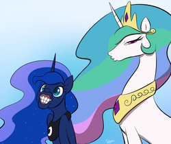 Size: 1165x978 | Tagged: safe, artist:slypon, princess celestia, princess luna, alicorn, pony, g4, bedroom eyes, duckface, faic, flehmen response, grin, hoers, horses doing horse things, looking at you, majestic as fuck, smiling, wat