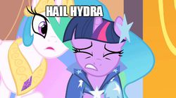 Size: 950x530 | Tagged: safe, edit, edited screencap, screencap, princess celestia, twilight sparkle, g4, the best night ever, clothes, dress, duo, gala dress, hail hydra, image macro, meme