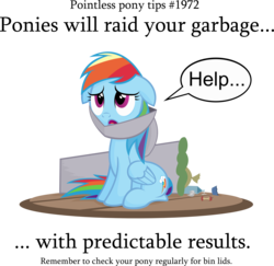 Size: 3283x3189 | Tagged: dead source, safe, artist:jittery-the-dragon, rainbow dash, pegasus, pony, g4, cute, dashabetes, female, floppy ears, frown, high res, looking up, mare, open mouth, pointless pony tips, rainbow trash, rubbish, sad, simple background, sitting, solo, stuck, transparent background, trash, trash can, trash can lid