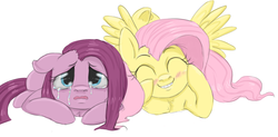 Size: 1043x512 | Tagged: safe, artist:colorlesscupcake, fluttershy, pinkie pie, earth pony, pegasus, pony, g4, crying, duo, eyes closed, female, pinkamena diane pie, sad, smiling