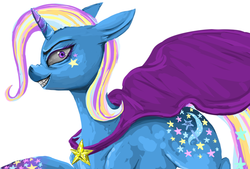 Size: 974x659 | Tagged: safe, artist:colorlesscupcake, trixie, pony, unicorn, g4, female, grin, mare, rainbow power, rainbow power-ified, solo