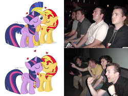 Size: 960x720 | Tagged: safe, artist:dm29, flash sentry, sunset shimmer, twilight sparkle, alicorn, pegasus, pony, unicorn, g4, 4koma, backwards cutie mark, comic, exploitable meme, female, lesbian, love triangle, male, mare, meme, reaction guys, ship:flashimmer, ship:flashlight, ship:sunsetsparkle, shipping, stallion, straight, twilight sparkle (alicorn)