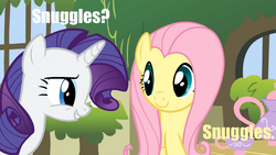 Size: 1365x768 | Tagged: safe, fluttershy, rarity, g4, image macro, imma snuggle you, meme, snuggles?