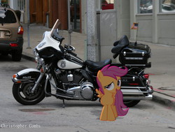 Size: 1278x966 | Tagged: safe, artist:digitalpheonix, artist:tamalesyatole, scootaloo, g4, flag, glass, harley davidson, irl, motorcycle, photo, police, ponies in real life, shadow, solo, street, suv, vector