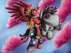Size: 1200x887 | Tagged: safe, artist:jamescorck, big macintosh, smarty pants, alicorn, pony, g4, alicornified, big macintosh riding smarty pants, bigmacicorn, cloud, cloudy, flying, hilarious in hindsight, majestic as fuck, manly as fuck, open mouth, ponies riding ponies, princess big mac, race swap, riding, smiling, sparkles, spread wings