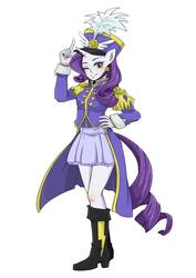 Size: 2480x3507 | Tagged: safe, artist:buryooooo, rarity, anthro, g4, testing testing 1-2-3, ancient wonderbolts uniform, beautiful, boots, clothes, cute, eyeshadow, female, hat, high heel boots, high res, human facial structure, makeup, one eye closed, pixiv, sgt. rarity, shako, shoes, skirt, solo, uniform, wink