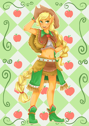Size: 2480x3507 | Tagged: safe, artist:buryooooo, applejack, earth pony, anthro, g4, ambiguous facial structure, belly button, clothes, dress, female, gala dress, midriff, pixiv, solo