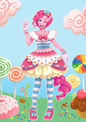 Size: 2480x3507 | Tagged: safe, artist:buryooooo, pinkie pie, anthro, g4, ambiguous facial structure, clothes, dress, female, gala dress, gloves, pixiv, solo