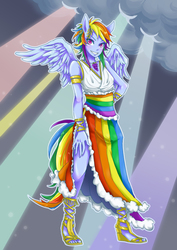 Size: 2480x3507 | Tagged: safe, artist:buryooooo, rainbow dash, anthro, g4, clothes, dress, female, gala dress, human facial structure, pixiv, side slit, solo