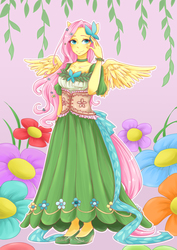 Size: 2480x3507 | Tagged: safe, artist:buryooooo, fluttershy, anthro, g4, clothes, dress, female, gala dress, human facial structure, pixiv, solo