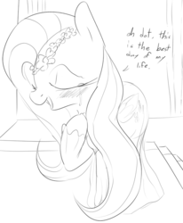 Size: 621x754 | Tagged: safe, artist:dotkwa, fluttershy, oc, oc:dot, g4, blushing, clothes, crying, dialogue, dress, grayscale, happy, monochrome, self insert, solo, tears of joy, wedding, wedding dress