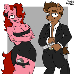 Size: 1280x1280 | Tagged: safe, artist:strangerdanger, oc, oc only, oc:cotta, oc:fly, anthro, clothes, dress, female, gun, husband and wife, male, mr. and mrs. smith, parody, pistol, spy, suit, weapon