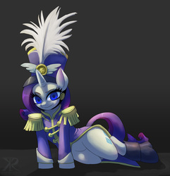Size: 1211x1255 | Tagged: safe, artist:grissaecrim, rarity, pony, unicorn, g4, testing testing 1-2-3, ancient wonderbolts uniform, clothes, female, gray background, hat, looking at you, mare, on side, sgt. rarity, shako, simple background, solo, uniform