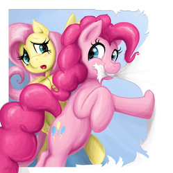 Size: 1269x1272 | Tagged: safe, artist:redflare500, fluttershy, pinkie pie, g4, chewing, fourth wall, mouth hold