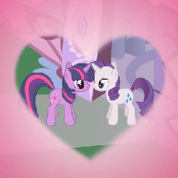 Size: 370x370 | Tagged: safe, edit, rarity, twilight sparkle, my little investigations, g4, animated, female, heart, lesbian, now kiss, ship:rarilight, shipper on deck, shipping, synchronized
