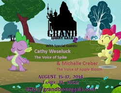 Size: 599x462 | Tagged: safe, apple bloom, spike, dragon, earth pony, pony, g4, cathy weseluck, grand brony gala, michelle creber