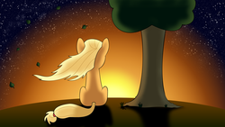 Size: 2880x1620 | Tagged: safe, artist:zaponator, applejack, earth pony, pony, g4, alternate hairstyle, female, loose hair, sitting, solo, sunset, tree, wallpaper, windswept mane