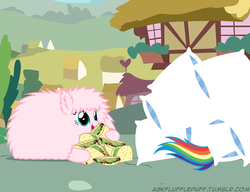 Size: 650x500 | Tagged: safe, artist:mixermike622, rainbow dash, oc, oc:fluffle puff, earth pony, pegasus, pony, g4, pillow, taco