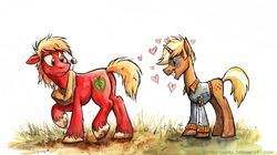 Size: 886x497 | Tagged: safe, artist:kenket, artist:spainfischer, big macintosh, trenderhoof, earth pony, pony, unicorn, g4, butt, cute, duo, gay, male, plot, shipping, stallion, trendermac, unshorn fetlocks