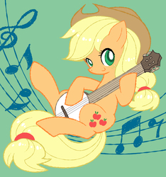 Size: 1000x1067 | Tagged: safe, artist:ymnsk, artist:yumenosuke, applejack, earth pony, pony, g4, banjo, cute, female, jackabetes, mare, music notes, musical instrument, on back, pixiv, solo