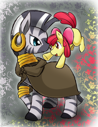 Size: 1000x1297 | Tagged: safe, artist:vavacung, apple bloom, zecora, zebra, g4, balancing