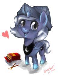 Size: 850x1100 | Tagged: safe, artist:katurkeyg, princess luna, g4, cartographer's cap, female, filly, hat, pocky, solo, woona