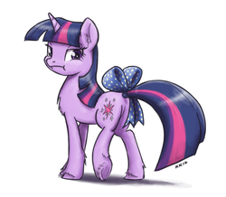 Size: 1280x1116 | Tagged: safe, artist:king-kakapo, twilight sparkle, pony, unicorn, g4, :t, bow, butt, chest fluff, ear fluff, female, frown, looking at you, looking back, plot, solo, tail bow, unamused, underhoof, unicorn twilight, unshorn fetlocks