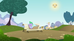 Size: 960x540 | Tagged: safe, artist:mandydax, artist:mlpblueray, artist:queencold, edit, spike, g4, basket, bench, face, park, ponyville