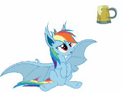 Size: 600x450 | Tagged: safe, artist:ianimateyourpictures, artist:magister39, rainbow dash, bat pony, pony, g4, animated, bat ponified, cider, cider dash, cute, dashabetes, drool, eye shimmer, eyes on the prize, fangs, female, frown, licking lips, open mouth, race swap, rainbowbat, sitting, solo, spread wings, teasing, that pony sure does love cider, tongue out