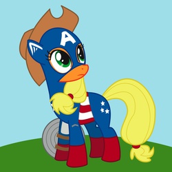 Size: 800x800 | Tagged: safe, artist:t-jumblr, applejack, g4, amerijack, applejack's hat, captain america, cowboy hat, crossover, female, hat, looking back, parody, solo