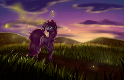 Size: 2125x1375 | Tagged: safe, artist:grennadder, pinkie pie, firefly (insect), g4, female, grass, scenery, solo, sunset