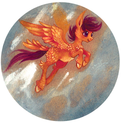 Size: 1128x1144 | Tagged: safe, artist:-fuchs-, scootaloo, g4, colored, feather, female, fluffy, flying, scootaloo can fly, smiling, solo, spread wings, traditional art, unshorn fetlocks