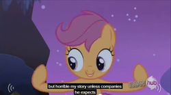 Size: 637x355 | Tagged: safe, edit, edited screencap, screencap, scootaloo, pony, g4, sleepless in ponyville, caption, female, hub logo, meme, solo, text, youtube caption