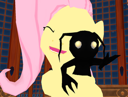 Size: 1018x768 | Tagged: safe, artist:the-horrible-mu, fluttershy, g4, 3d, ballroom, beast's castle, crossover, desperate, disney, heartless, hug, kingdom hearts, mmd, scared, shadow