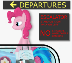 Size: 768x669 | Tagged: safe, artist:simeonleonard, dj pon-3, pinkie pie, vinyl scratch, pony, g4, airport, bipedal, escalator, female, party cannon, solo