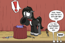 Size: 1024x682 | Tagged: safe, artist:pony-berserker, oc, oc only, oc:dark light, bird, earth pony, pony, bowtie, card, clothes, dead, death, dialogue, exclamation point, fail, floppy ears, frown, hat, knife, magic trick, magic wand, magician, mouth hold, nose wrinkle, solo, stage, stage show, table, this will end in jail time, top hat, wand, wide eyes, x eyes